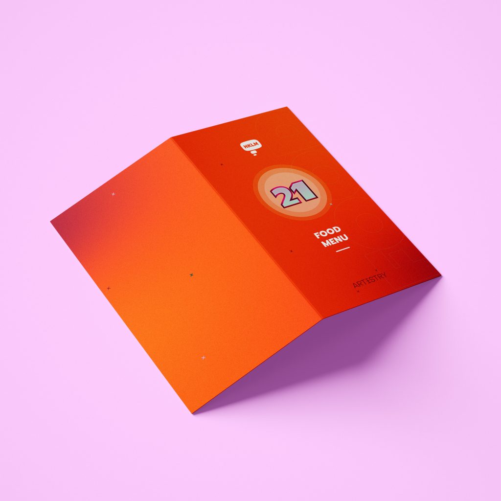 A mockup of the HKLM internal 21st birthday celebration food menu, view from the outside.