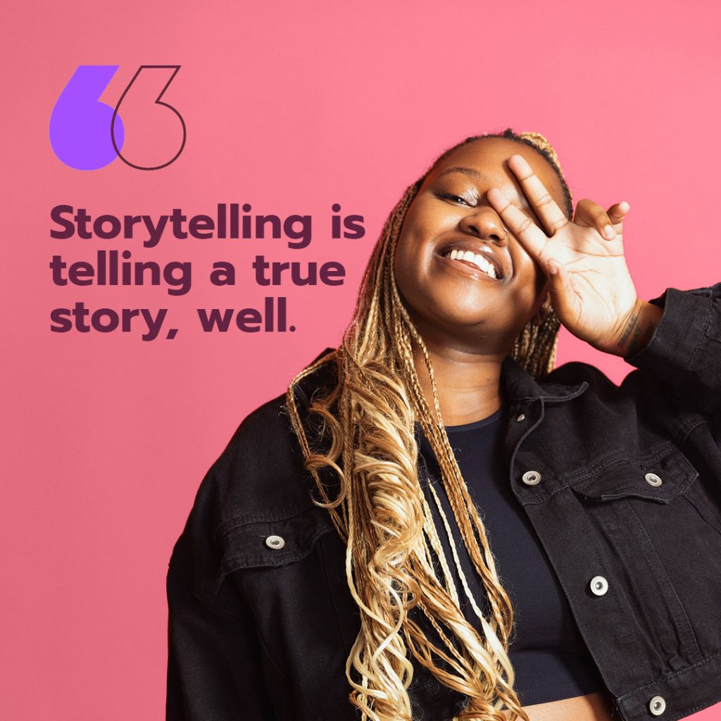 HKLM social media post of internal staff with a quote about storytelling