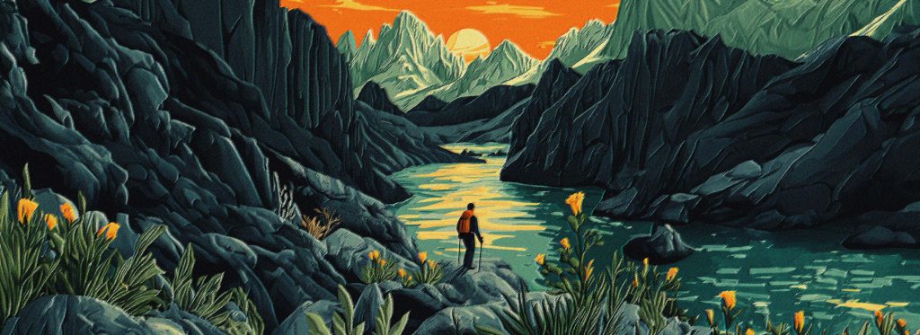 An illustration of a man hiking through a valley