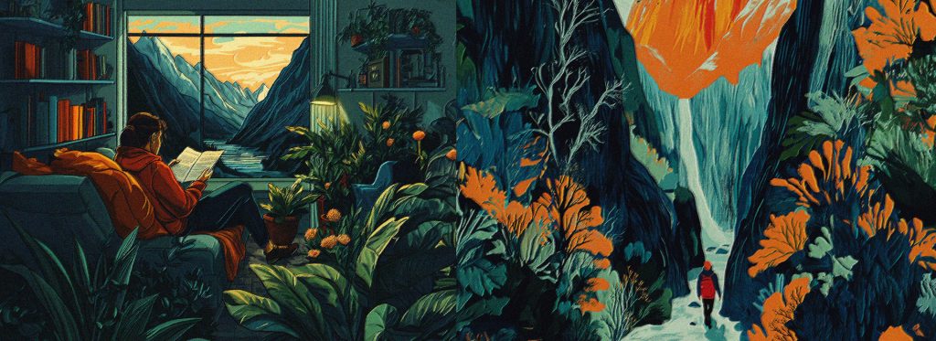 A split screen illustration of a woman reading a book and a person going on a hike