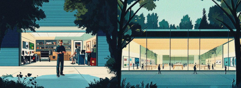 A split screen illustration of Steve Jobs outside of his garage and a giant Apple store
