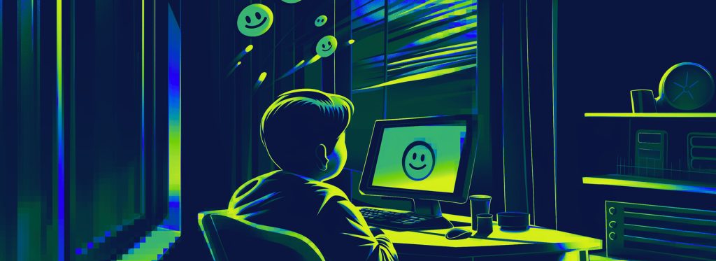 An illustration of a boy looking at a screen in a dark room