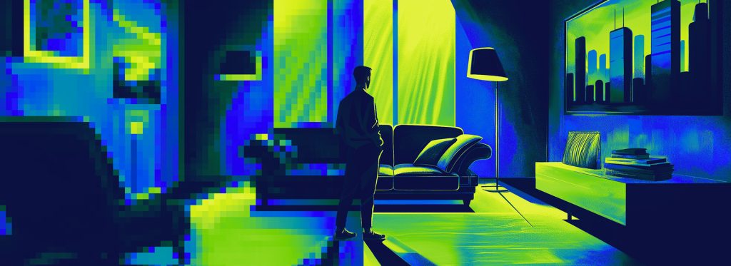 An illustration of a man looking out of an apartment window