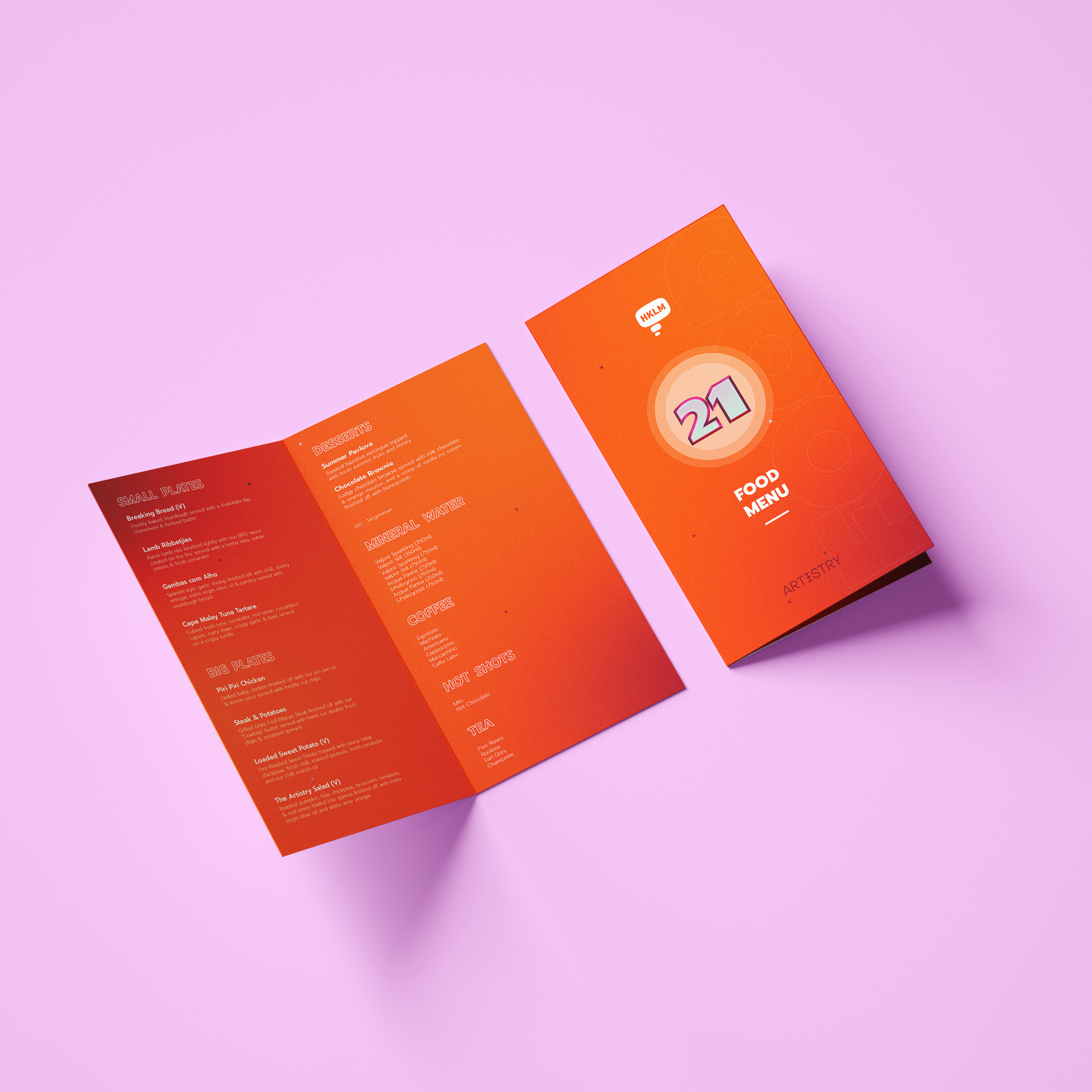 A mockup of the HKLM internal 21st birthday celebration food menu, front and inside.