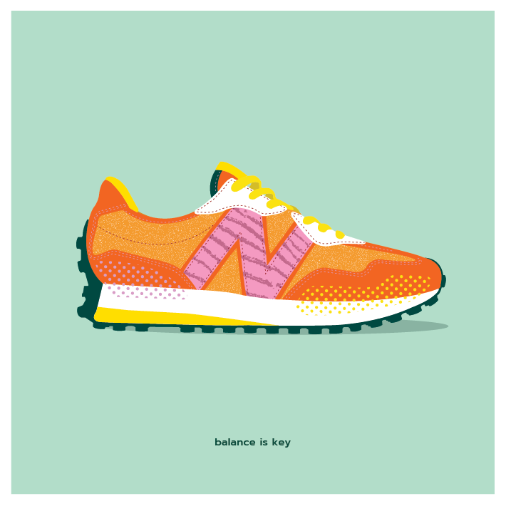 An HKLM internal and external illustration of a New Balance 327 Sneaker in a pop art like style.